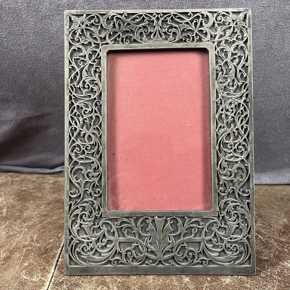 Vintage Photo Frame Floral Scroll Design Pewter Rectangular England **See Desc**